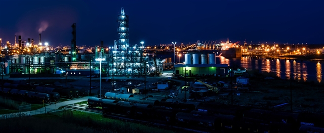 Refinery lit up at night