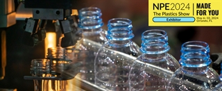 Plastic Bottles being made and logo that says NPE2024 The Plastics Show Exhibitor | Made for you May 6-10, 2024 Orlando, FL