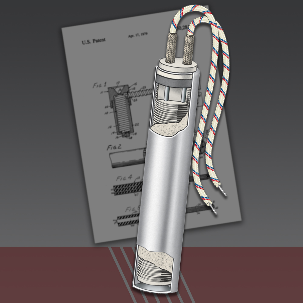 HD Cartridge Heater patent paperwork behind cut-out HD Cartridge Heater render