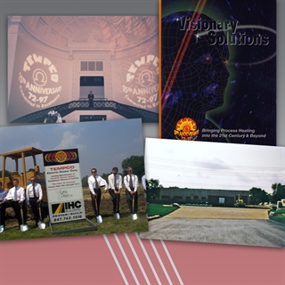 Image from the 25th anniversary celebration, the Visionary Solutions Catalog cover, two images from the Plant II groundbreaking