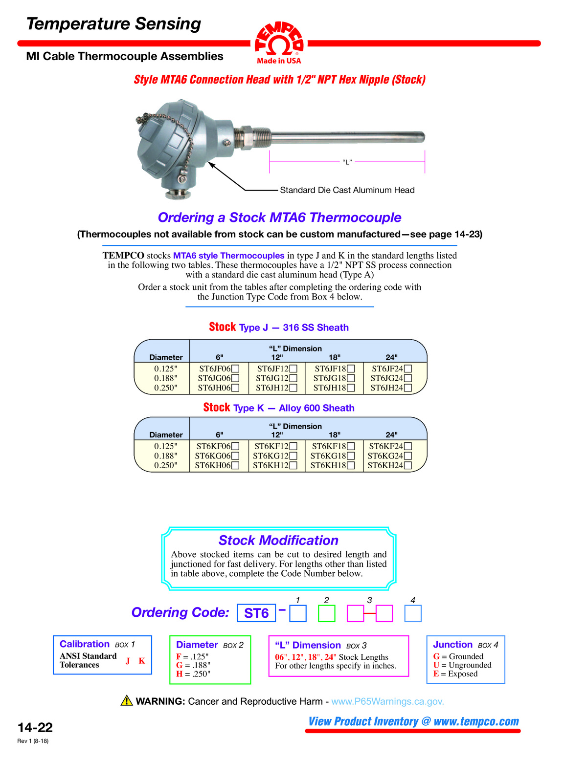 MTA6 TC Assembly, Connection Head, Catalog Pages - Tempco