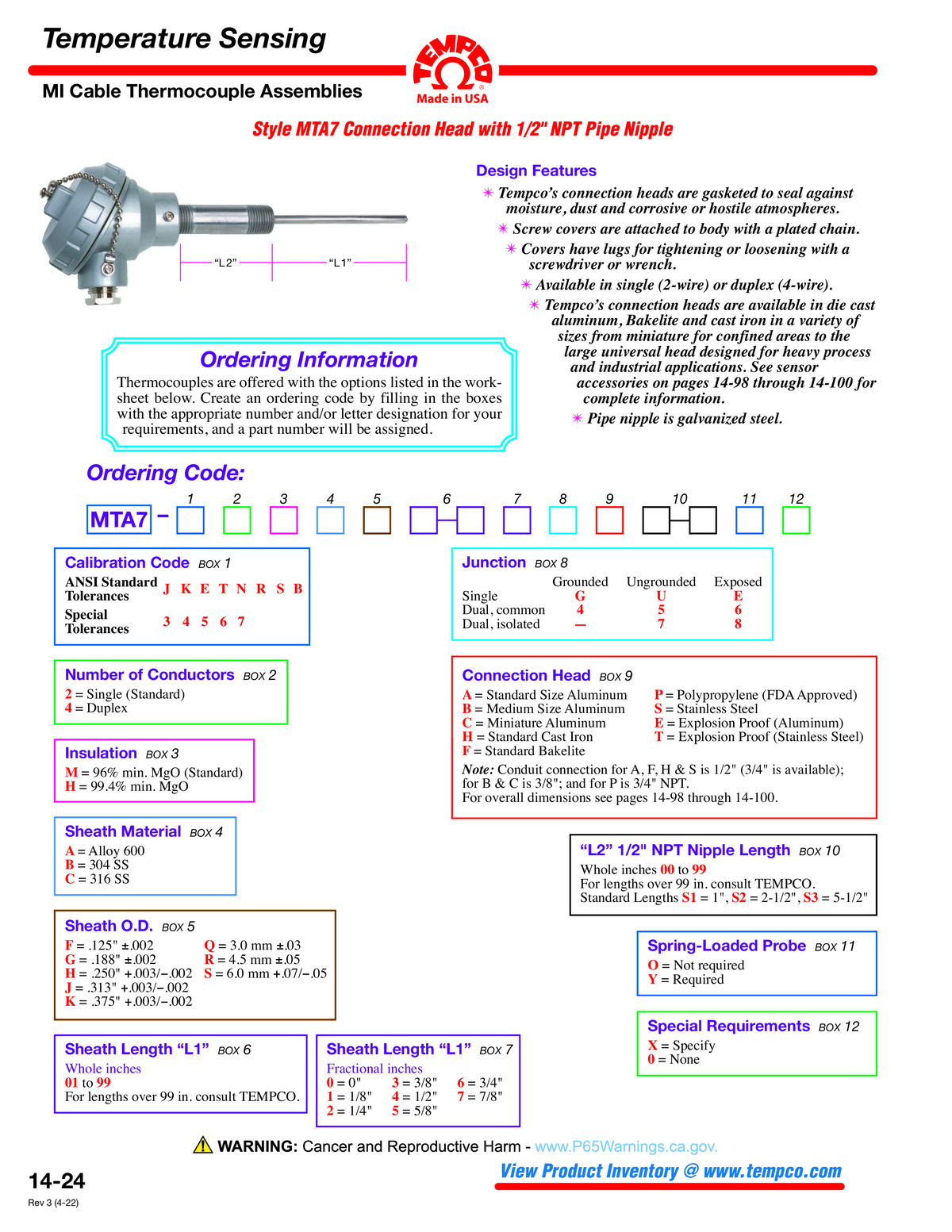 MTA7 TC Assembly, Connection Head, Catalog Pages - Tempco