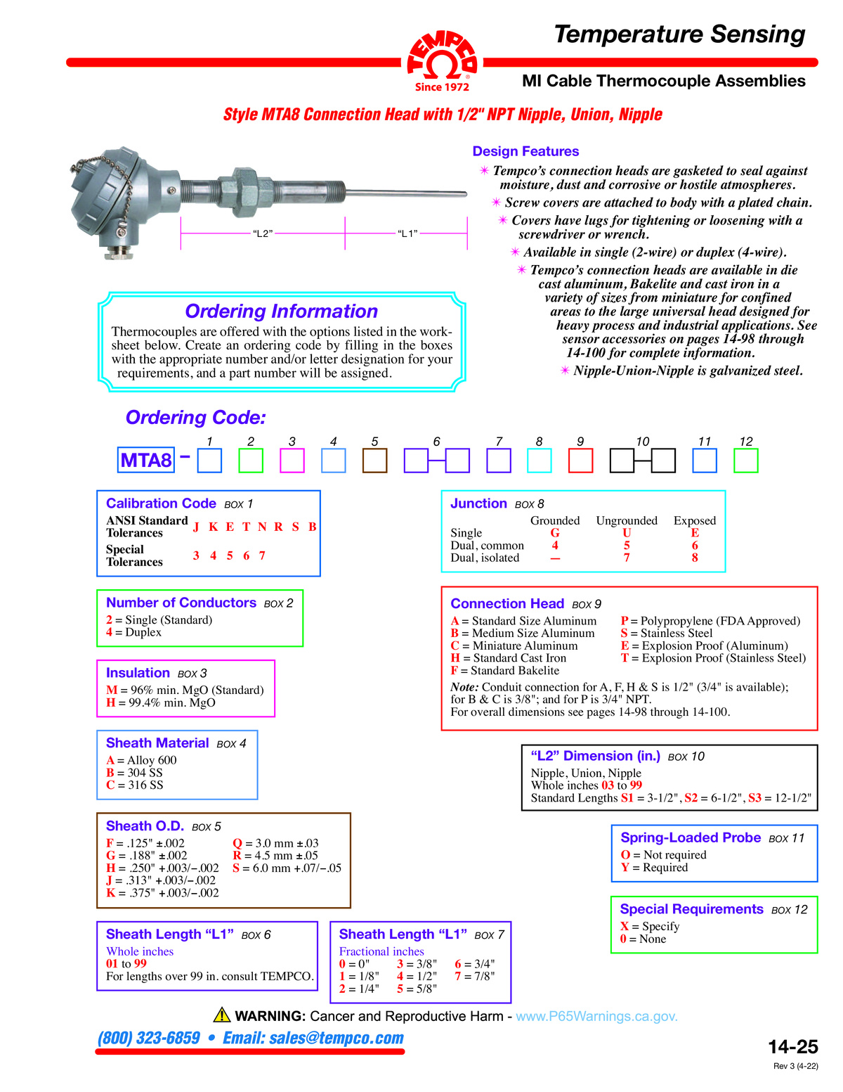 MTA8 TC Assembly, Connection Head, Catalog Pages - Tempco