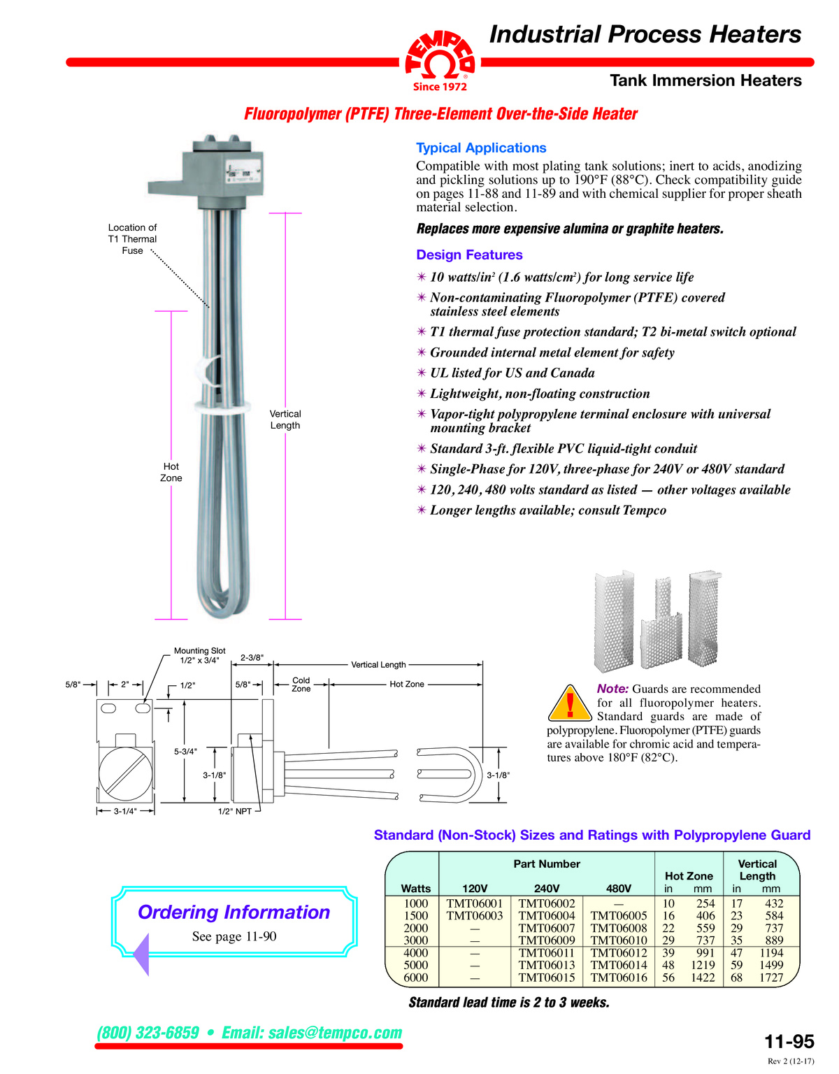 PTFE 3 Element Straight Tank Immersion Heater Catalog Pages - Tempco