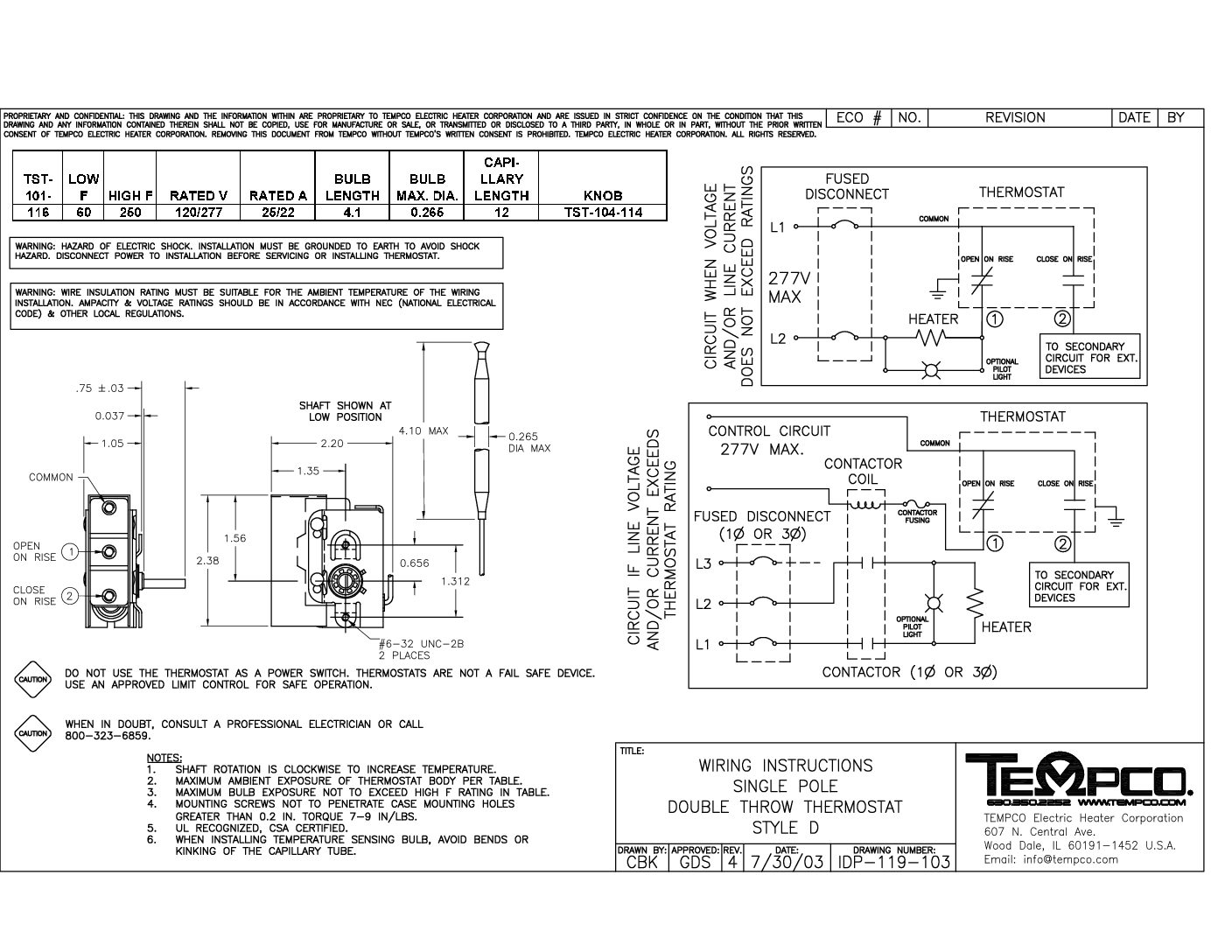 Thermostat, Style D, SPDT Wiring Diagram - Tempco