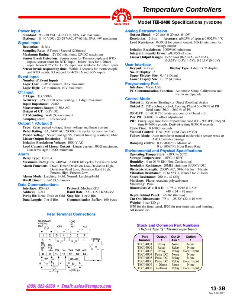 TEC-2400 Specifications & Tolerances