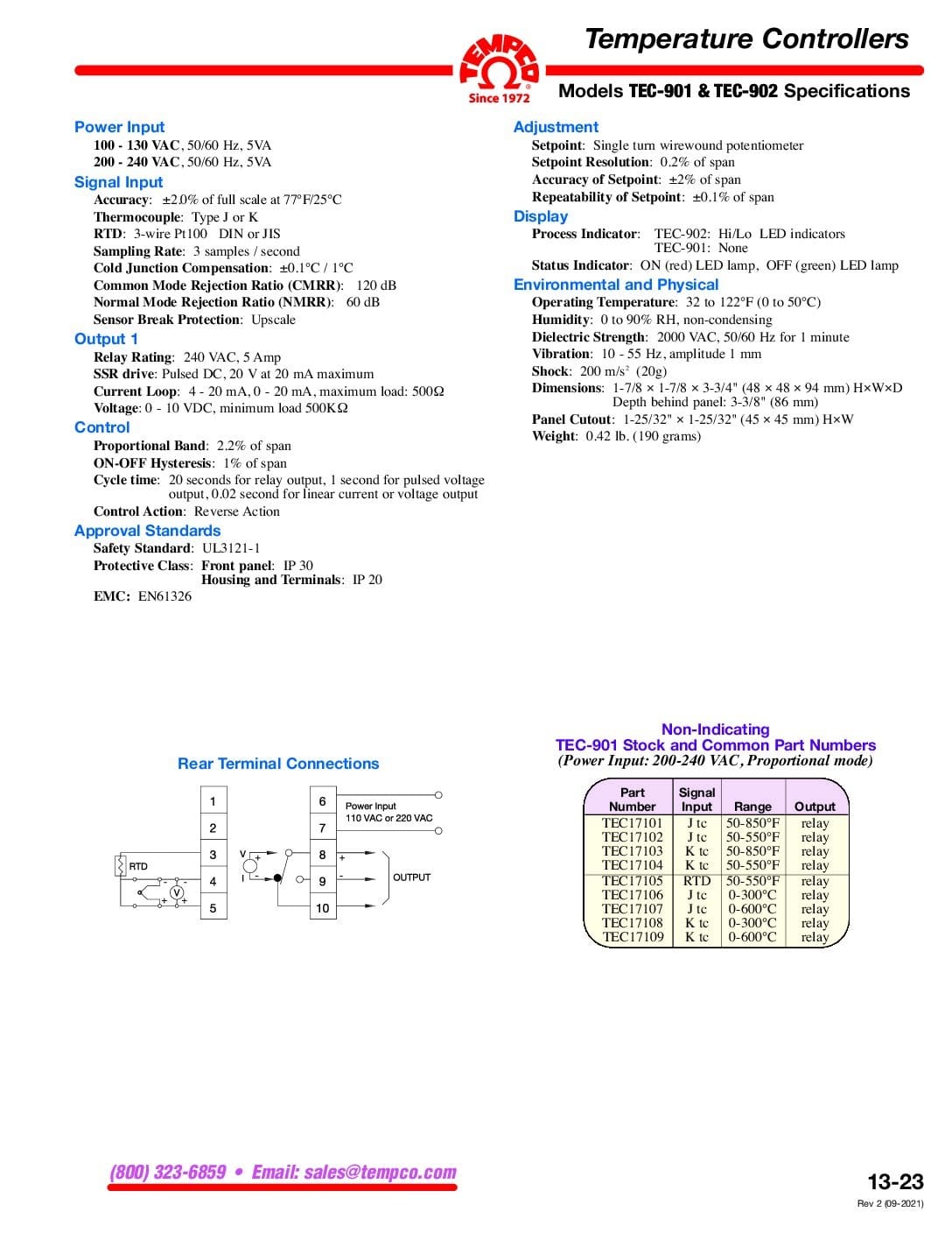 TEC-901 & 902 Specifications & Tolerances - Tempco