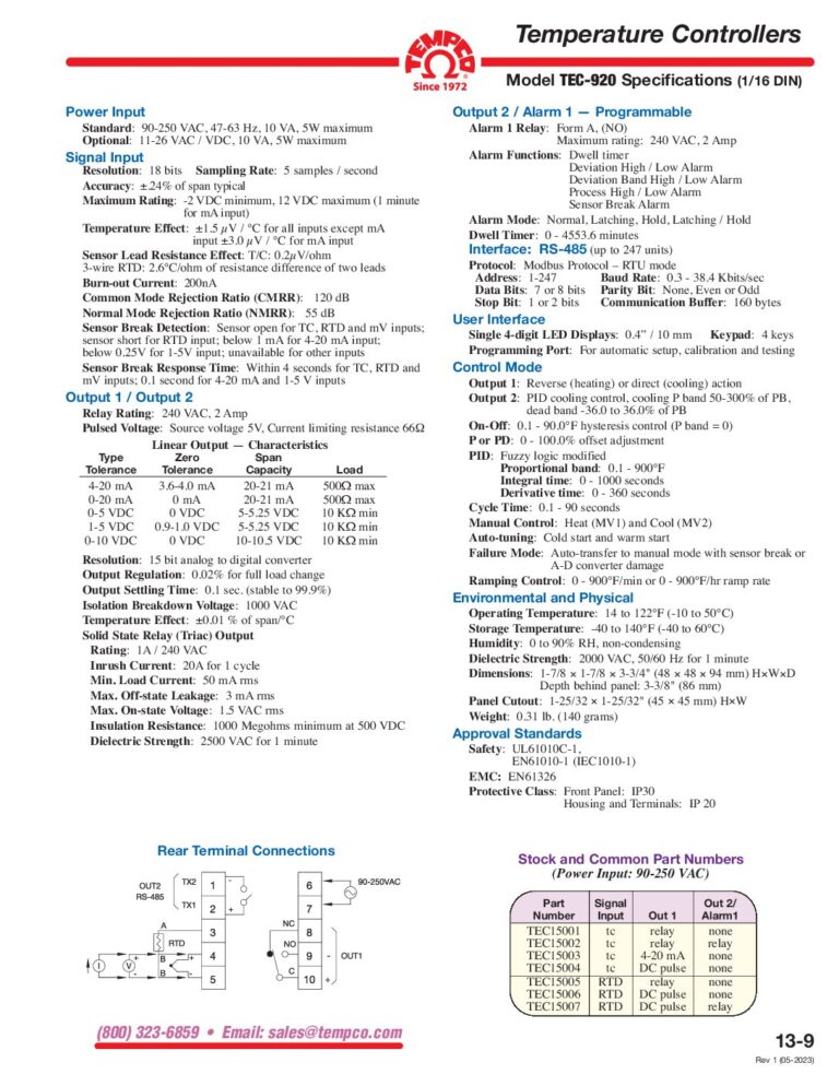 TEC-920 Specifications & Tolerances