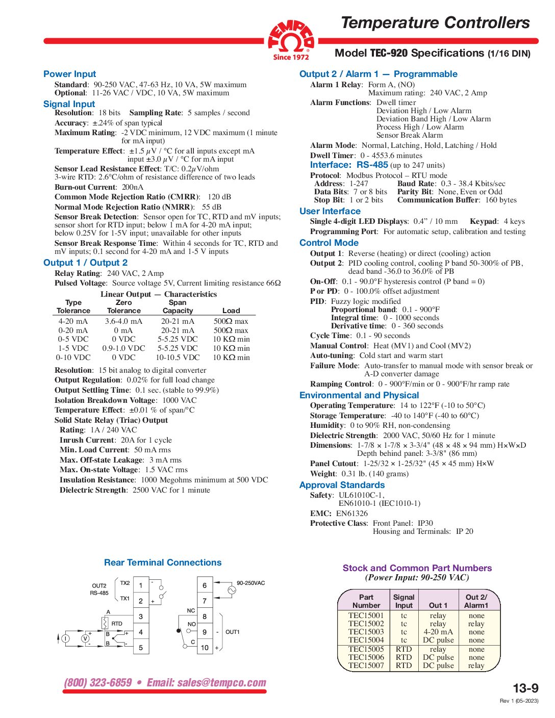 TEC-920 Specifications & Tolerances - Tempco