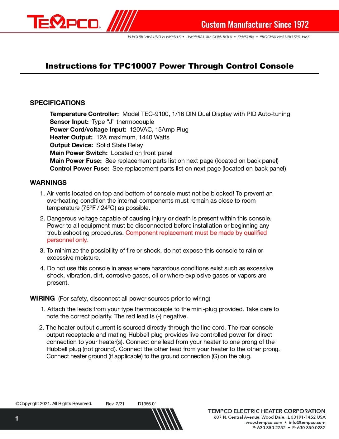 TPC10007 Power Control Console User Manual - Tempco